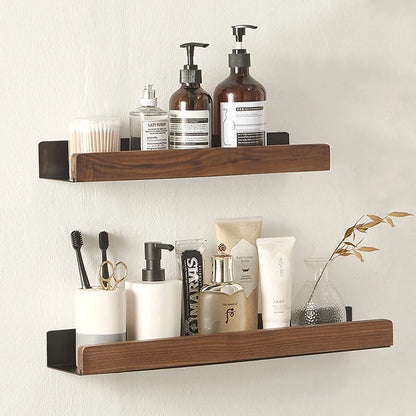 No-Drill Wall-Mounted Solid Wood Corner Bathroom Shelf — Shower Storage Rack and Toilet Shampoo Holder