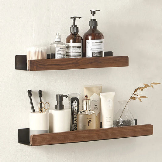 No-Drill Wall-Mounted Solid Wood Corner Bathroom Shelf — Shower Storage Rack and Toilet Shampoo Holder