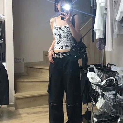 Y2K E-Girl Sleeveless Ribbed Knit Crop Tank Top with Punk Print – Women’s 2000s Grunge Fairycore Summer Tee in Korean Street Style &nbsp;