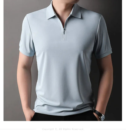 Men’s Slim Fit Half-Zip Polo Shirt – Light Beige Stretch Cotton Casual Top with Classic Collar