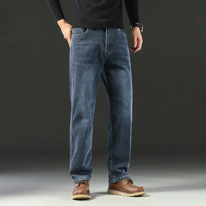 2025 Spring Men's High-Waist Spliced Washed Denim Jeans – Loose Straight Fit Stretch Cotton Blend Casual Brand Trousers &nbsp;