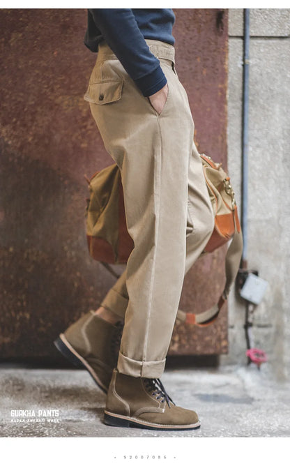 Classic Vintage Khaki Gurkha Pants for Men – Adjustable High Waist Casual Cargo Trousers for Spring and Fall