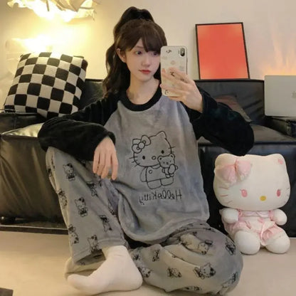 Y2K Hello Kitty Winter Flannel Pajama Set for Women – Cozy Cartoon Loungewear, Loose Fit, Warm Homewear Suit