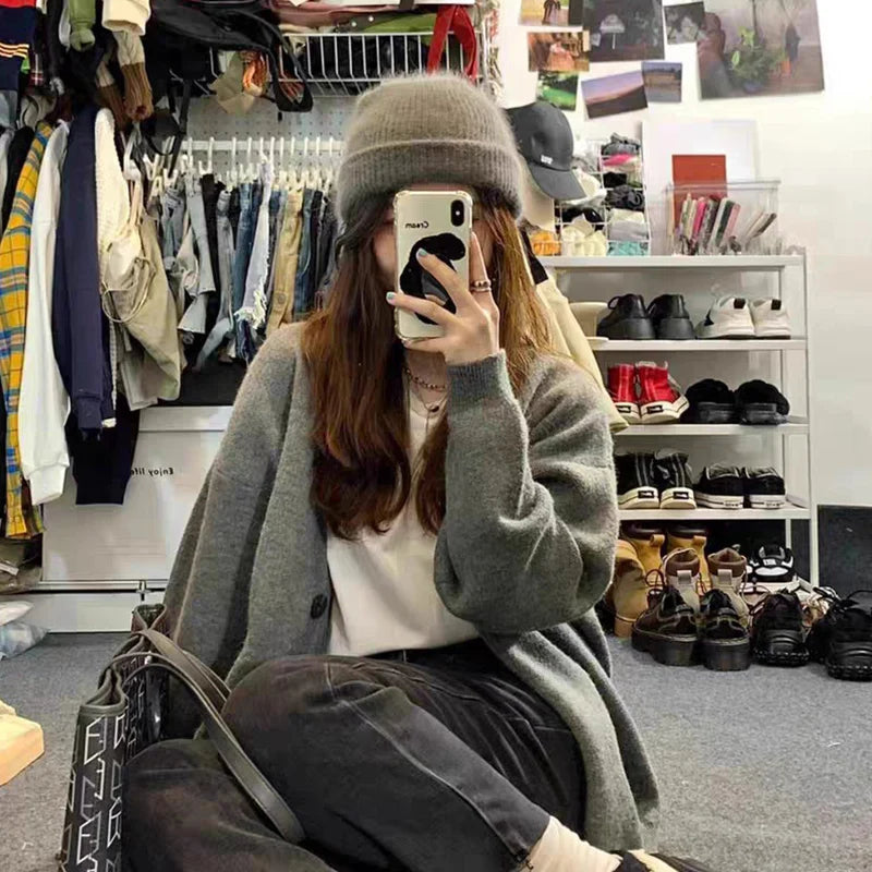 Casual Gray Mid-Length Knit Cardigan for Women with Pockets – Korean Style Open Front Sweater Coat for Autumn