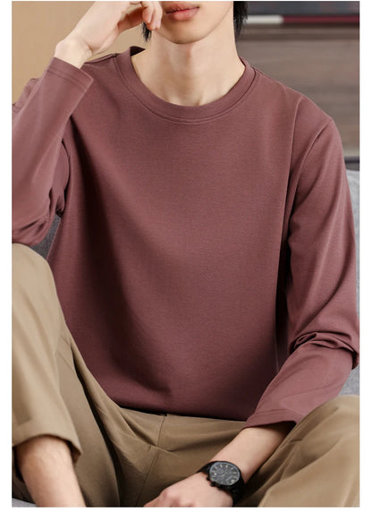 Men's Summer Long Sleeve T-shirt – Solid Color, Round Neck, Casual Style, Made from Mercerized Cotton