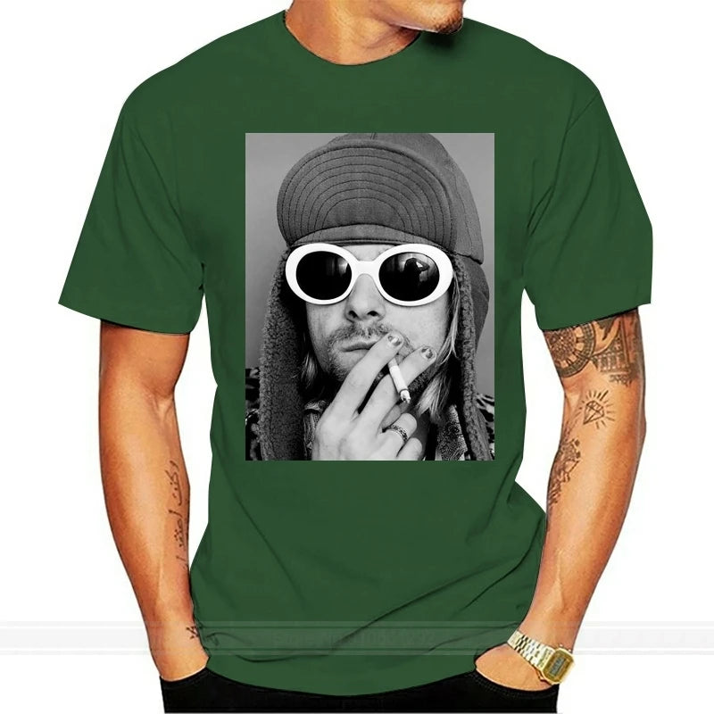 Black Kurt Cobain Smoking Graphic Tee - Nirvana, Dae, Grohl Inspired Grunge Punk Shirt for Men, Popular Kawaii Style