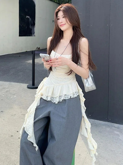 Y2K Aesthetic Lace Patchwork Ruffle Tank Top for Women – Harajuku Streetwear Irregular Pleated Bodycon Camisole