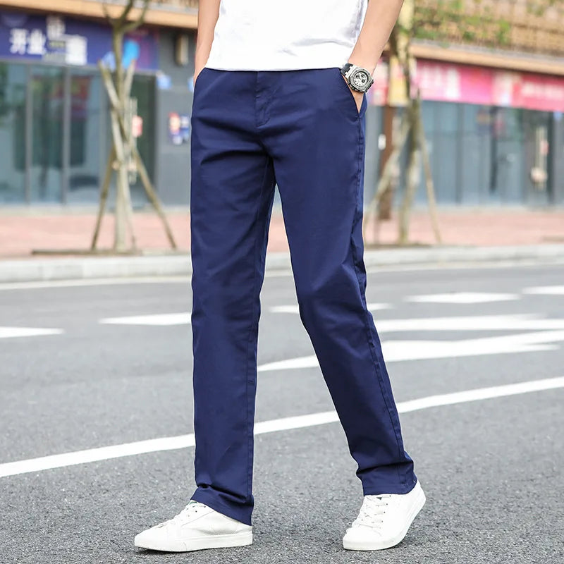 Men's Summer Lightweight Stretch Chino Pants – Loose Fit Cotton Trousers in Khaki, Blue, and Black – Plus Sizes 42 &amp; 44
