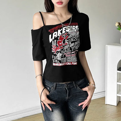 Y2K Gothic Off-Shoulder Crop Top – Women's Punk Style Letter Print T-Shirt, Harajuku Aesthetic Grunge Streetwear for Summer