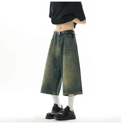 Men's Baggy Denim Shorts – Retro Y2K Casual Wide-Leg Calf-Length Jeans for Summer Streetwear