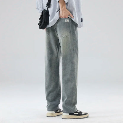 Vintage Men’s Baggy Jeans – Korean Style Starry Sky Fabric, Straight Fit Casual Denim Trousers, High Street Personalized Pants