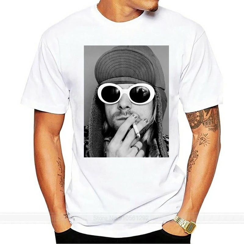 Black Kurt Cobain Smoking Graphic Tee - Nirvana, Dae, Grohl Inspired Grunge Punk Shirt for Men, Popular Kawaii Style