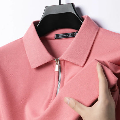 2025 Summer Men’s Slim Fit Polo Shirt with Flip Collar and Breathable Half-Zip Short Sleeves – Solid Color Comfortable Casual Tee