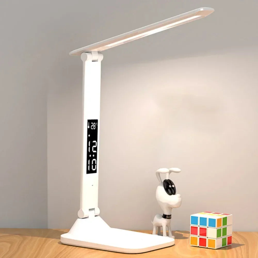 Foldable LED Table Lamp with Touch Dimming, USB Charging, Clock, Temperature Display &amp; Night Light – Ideal for Study &amp; Reading