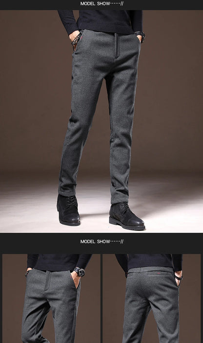 Men's Winter Fleece-Lined Slim Fit Pants – Thick Warm Straight-Leg Casual Business Trousers (Sizes 28-38)