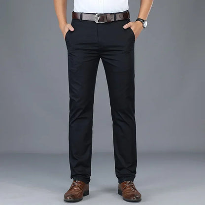 Men's Lightweight Summer Slim-Fit Suit Trousers – Business Casual Cotton Pants in Green, Black, and Khaki (Sizes 30–40)