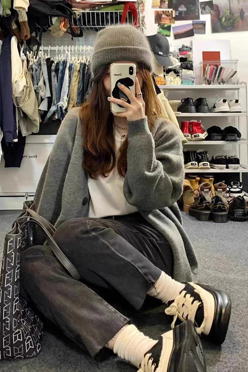 Casual Gray Mid-Length Knit Cardigan for Women with Pockets – Korean Style Open Front Sweater Coat for Autumn