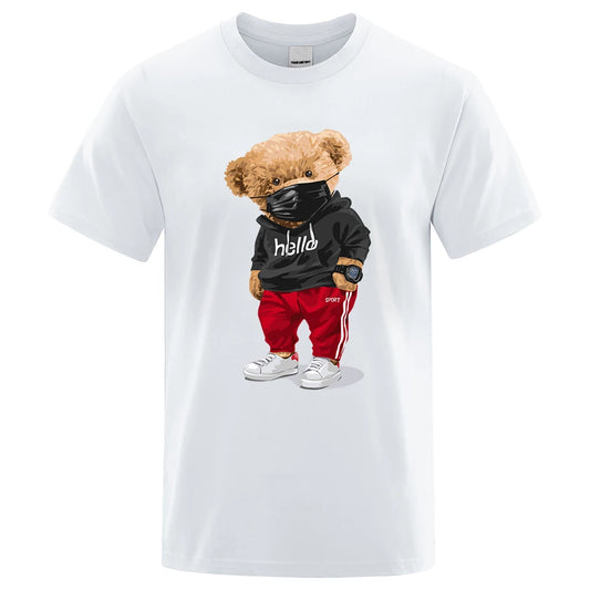 Bear Print Cotton Oversized Short-Sleeve Sports T-Shirt for Men – Casual Summer Half-Sleeve Tee, Sizes S-XXXL