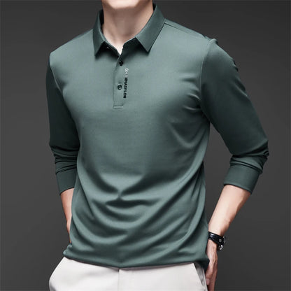 Men's Long Sleeve Polo Shirt – Solid Color, Business Casual, Stylish & Breathable Shirt with Badge Design