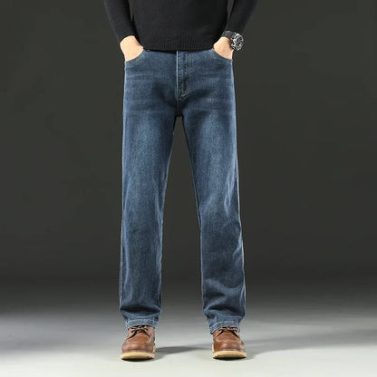 2025 Spring Men's High-Waist Spliced Washed Denim Jeans – Loose Straight Fit Stretch Cotton Blend Casual Brand Trousers &nbsp;