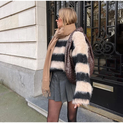 Women's Cozy Mohair Striped Knit Sweater – Warm O-Neck Pullover with Full Sleeves, Autumn 2025 Fashion