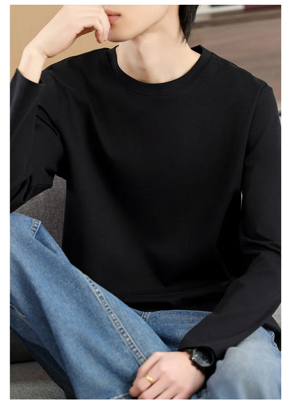 Men's Summer Long Sleeve T-shirt – Solid Color, Round Neck, Casual Style, Made from Mercerized Cotton