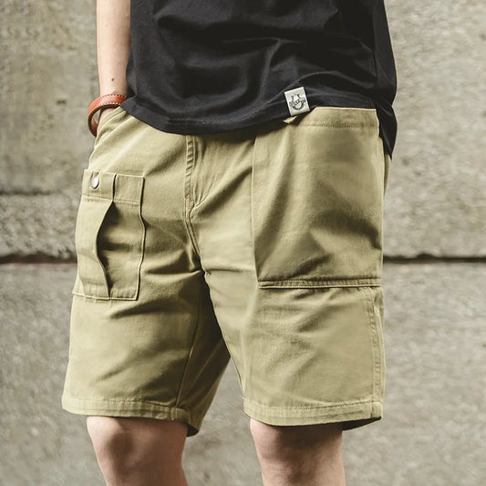 Maden Vintage P37 Men’s Cotton Cargo Shorts – Solid Color, Adjustable Waist, Military-Inspired Straight-Leg Casual Shorts for Summer