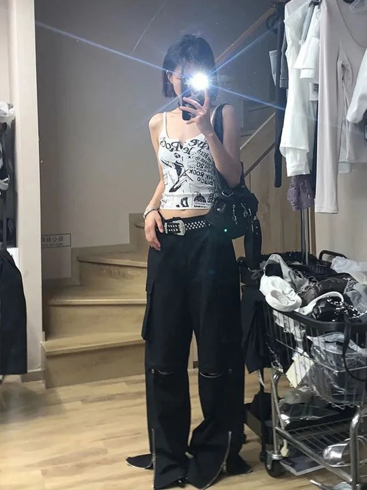 Y2K E-Girl Sleeveless Ribbed Knit Crop Tank Top with Punk Print – Women’s 2000s Grunge Fairycore Summer Tee in Korean Street Style &nbsp;
