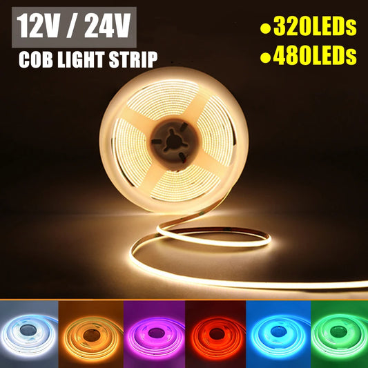 12V/24V High-Density COB LED Strip Light with 320-480 LEDs/m, 8mm Wide, Colorful RA95 Light for TV, Bedroom, and Wall Decor