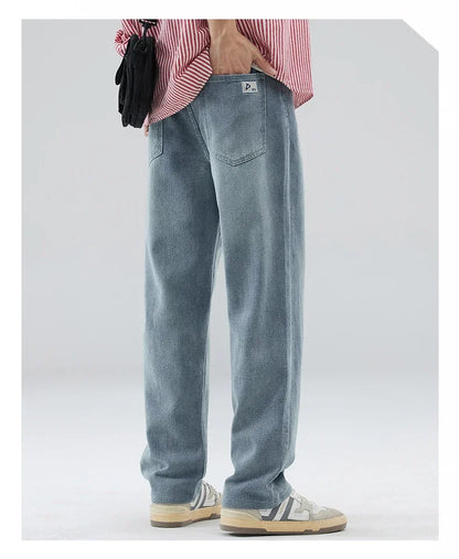 Vintage Men’s Baggy Jeans – Korean Style Starry Sky Fabric, Straight Fit Casual Denim Trousers, High Street Personalized Pants