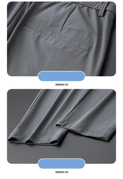 Men's Summer Classic Stretch Suit Trousers – Lightweight Business Casual Pants with Elastic Waist in Black, Gray, or Blue
