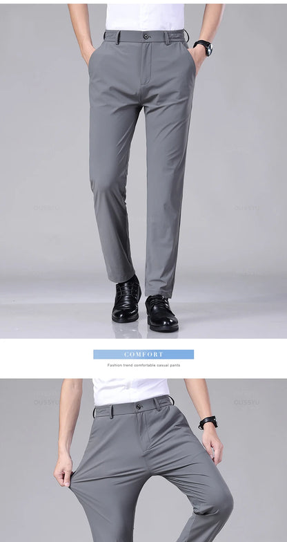 Men's Summer Classic Stretch Suit Trousers – Lightweight Business Casual Pants with Elastic Waist in Black, Gray, or Blue