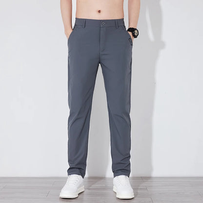 Men's Summer Silk-Feel Stretch Trousers – Lightweight Classic Business Casual Pants with Elastic Waist – Korean Style Smooth Suit Pants in Black or Gray