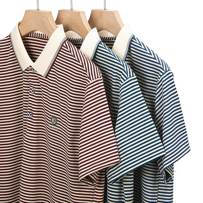 Premium Cotton Men's Summer Polo Shirt – 2024 Soft Short Sleeve Tee with Stripe Accents & Brand Badge Design