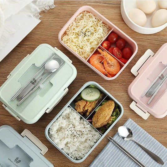 Microwaveable Bento Lunch Box with Spoon & Chopsticks – Wheat Straw Food Container for Kids, School & Office