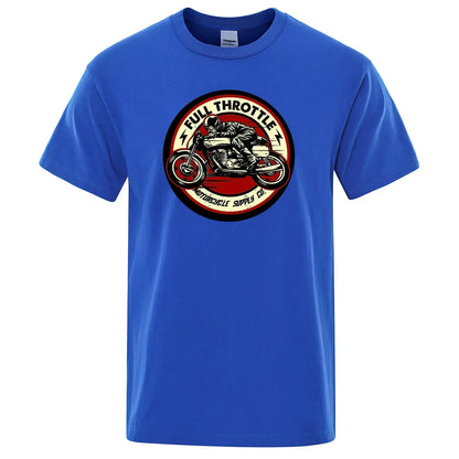 Full Throttle Motorcycle Graphic T-Shirt – Rockabilly Biker Style Cotton Tee for Men, Casual Loose Fit Summer Top