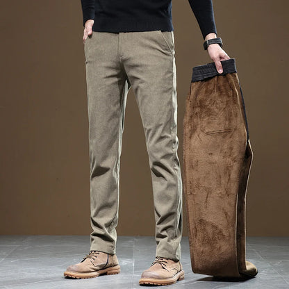 2024 New Men’s Winter Fleece-Lined Corduroy Pants – Slim Fit, Stretchy, Thickened Casual & Business Trousers in Gray & Khaki