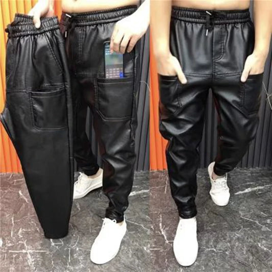 Men’s Slim Fit Faux Leather Jogger Pants with Elastic Waist & Zipper Pockets – Black Streetwear Pencil Trousers