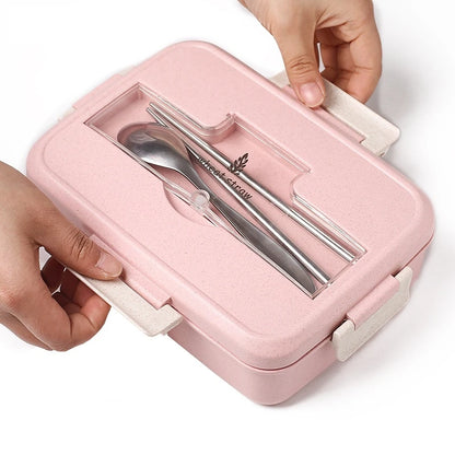 Microwaveable Bento Lunch Box with Spoon & Chopsticks – Wheat Straw Food Container for Kids, School & Office