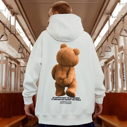 Men’s Autumn Kawaii Bear Graphic Pullover Hoodie – Hip Hop Streetwear with Pocket, Y2K Vintage Style