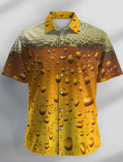 Men’s Short Sleeve Beer Print Button-Down Shirt with Lapel Collar – 3D Design for Summer Parties and Resort Holidays, Hawaiian Vibes
