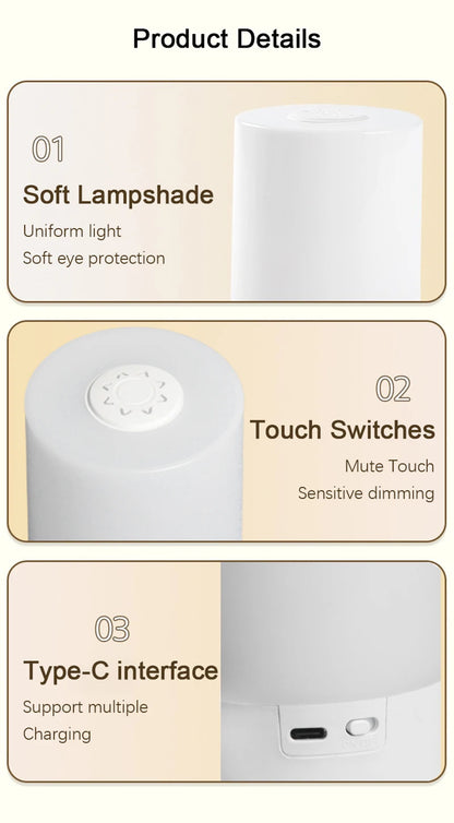 Dimmable Bedside LED Night Light Rechargeable Desktop Lamp for Bedroom Reading and Decoration