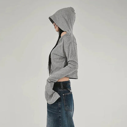 Y2K Aesthetic Women's Hooded Crop Top – Casual Streetwear Slim Fit Off-Shoulder Long Sleeve Tee with Grunge Style