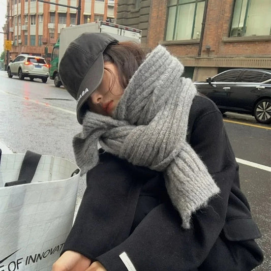 High-End Korean Style Thick Knit Scarf for Women – Warm Woolen Solid Color Winter & Autumn Wrap