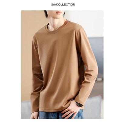 Men's Summer Long Sleeve T-shirt – Solid Color, Round Neck, Casual Style, Made from Mercerized Cotton