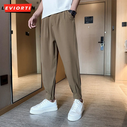 Men’s Spring & Summer Casual Solid Color Ice Silk Trousers — Korean Style Slim Ankle Pants with Zipper Detail, Smooth & Lightweight for a Handsome Look