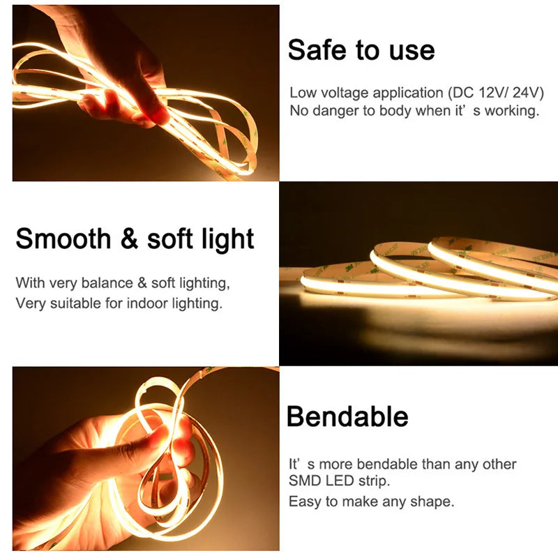 UL Certified COB LED Strip Light, High-Density 320-480 LEDs/m, 16.4ft Flexible Tape Ribbon, 3000-6500K Color Temperature, RA90 Color Rendering, DC 12V/24V