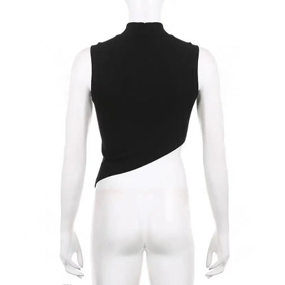 Y2K Style Women's Sleeveless Knit Crop Top – Stretchy Fitted Sweater Vest with High Neck and Asymmetrical Hem, 90s E-Girl Summer Fashion &nbsp;