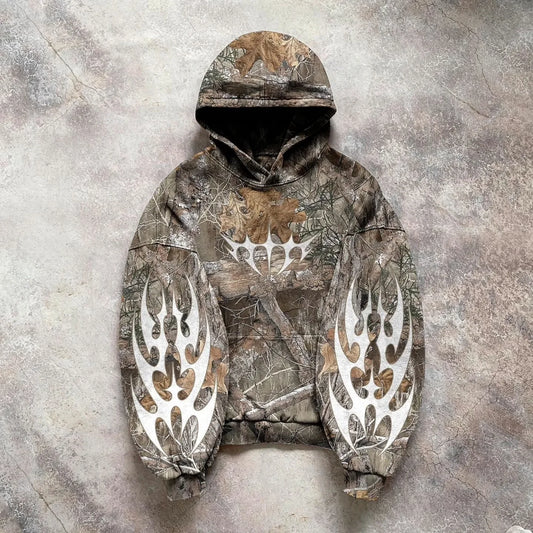 Y2K Camouflage Leaf Print Hoodie – Unisex Retro Streetwear Loose Fit Hip Hop Sweatshirt for Men & Women