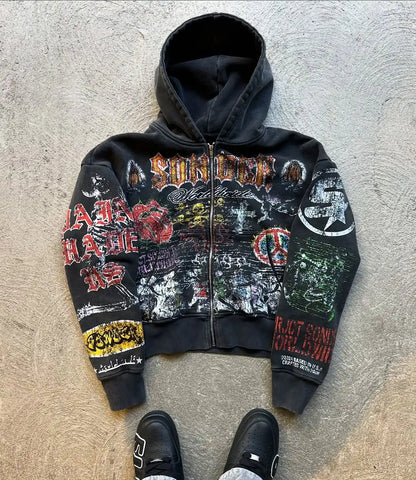 Y2K Vintage Goth Anime Zipper Hoodie – Unisex Oversized Dark Style Sweatshirt, American Streetwear